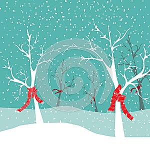 Winter trees with red Christmas scarfs in snow nature. Vector illustration on blue snowing background