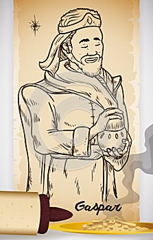 Hand Drawn of Wise Man in Scroll with Incense: Caspar, Vector Illustration photo