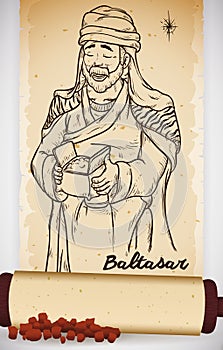 Hand Drawn of Wise Man in Scroll with Myrrh: Balthazar, Vector Illustration photo