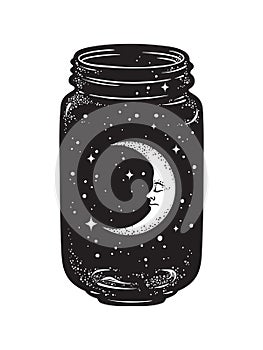 Hand drawn wish jar. Crescent moon and stars in glass jar isolated.