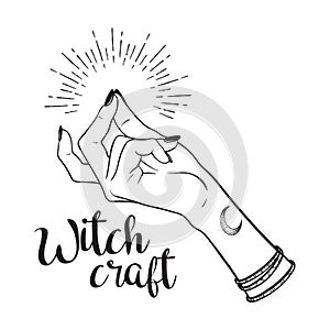 Hand drawn witch hand with snapping finger gesture. Flash tattoo, blackwork, sticker, patch or print design vector illustration