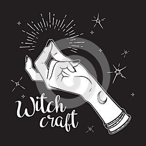 Hand drawn witch hand with snapping finger gesture. Flash tattoo, blackwork, sticker, patch or print design vector illustration photo