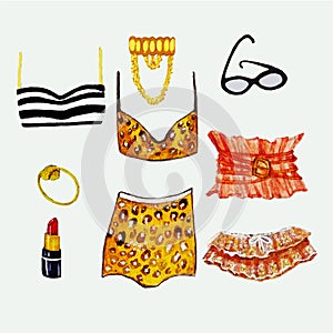 Hand drawn woman accessories set colored