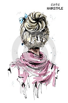 Hand drawn woman back with blonde hair. Cute hairstyle with bow. Fashion woman hairstyle. Sketch.