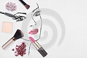 Hand-drawn woman face and make up products