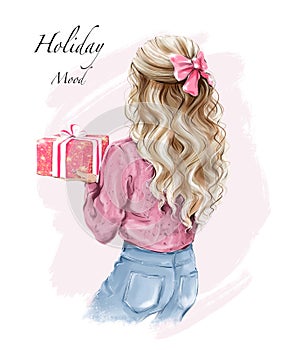 Hand drawn woman holding Christmas gift. Female back with blonde curly long hair. Woman hairstyle with bow.