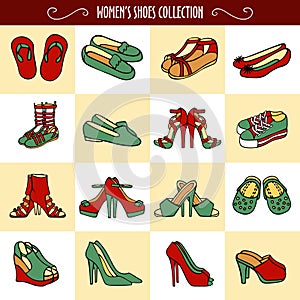 Hand drawn women's shoes in red and green colors