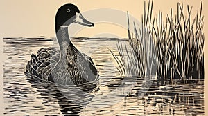 Hand Drawn Woodblock Illustration Of A Goose On The Water