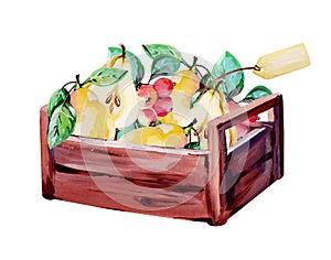 Hand-drawn wooden box witn yellow pears, green leaves and red small apples