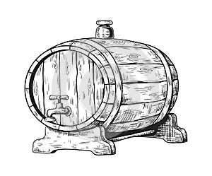 Hand drawn wooden keg with beer. Round cask with faucet and plug. Liquid storage for pub and brewery or winery