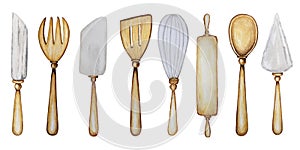 Hand drawn Wooden Kitchen accessories big set for baking watercolor illustration, isolated on white background. It`s