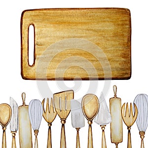 Hand drawn Wooden Kitchen accessories frame for baking watercolor illustration frame on white background. Cooking time