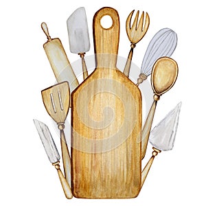 Hand drawn Wooden Kitchen accessories set for baking watercolor illustration isolated on white background. Cooking time