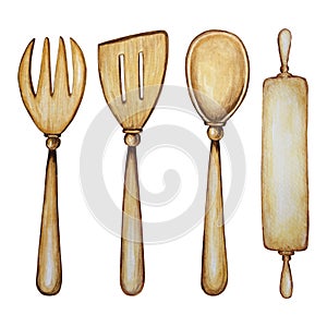 Hand drawn Wooden Kitchen accessories set for baking watercolor illustration, isolated on white background. It`s cooking