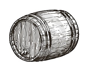 Hand drawn wooden oak barrel. Wine, whisky, beer sketch. Vintage vector illustration