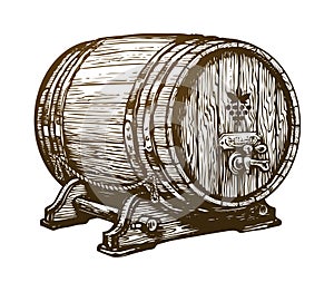 Hand drawn wooden wine cask. Drink, oak barrel sketch. Vintage vector illustration photo