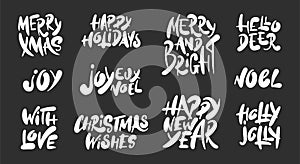 Hand drawn words set Christmas and New Year holiday on dark background. Hand drawn unique typography design elements