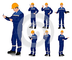 Worker with a helmet wearing blue work overalls with safety band. Different poses. Vector illustration set isolated on white