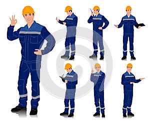 Worker with a helmet wearing blue work overalls with safety band. Different poses. Vector illustration set isolated on white