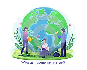 Hand drawn World Environment Day with People are gardening and cleaning the earth. save the planet vector illustration