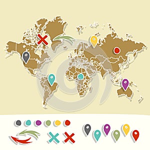 Hand drawn world map with pins and arrows vector