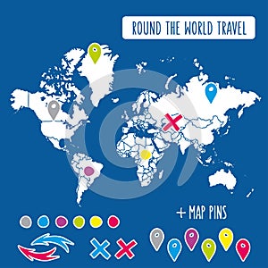 Hand drawn world map with pins and arrows vector