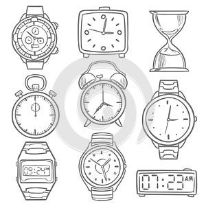 Hand drawn wristwatch, doodle sketch watches, alarm clocks and timepiece vector set