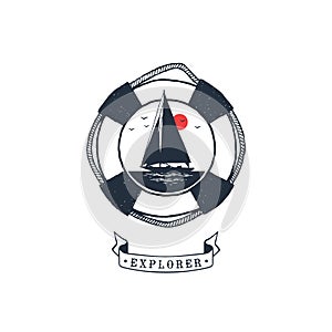 Hand drawn yacht and lifebuoy textured vector illustration