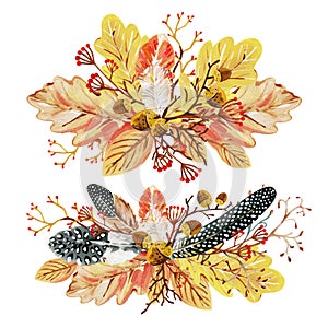 Hand-drawn yellow autumn two horisontal bouquets with oak leaves, acorns, berries and spotted feathers