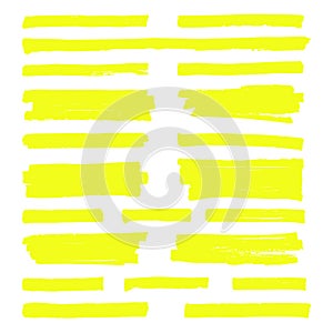 Hand drawn yellow highlight marker lines. Highlighter strokes isolated on white background vector set