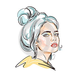 Hand-drawn young beautiful girl with makeup and unusual blue hair. Fashion illustration of a stylish look.