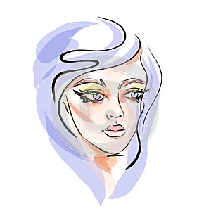 Hand-drawn young beautiful girl with makeup and unusual violet hair. Fashion illustration of a stylish look.