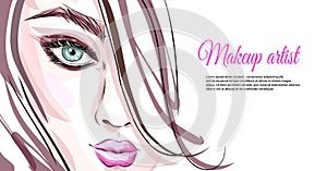 Hand-drawn young beautiful girl with nude makeup and unusual blue hair. Fashion illustration of a stylish look.