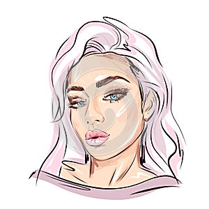 Hand-drawn young beautiful girl with nude makeup and unusual pink hair. Fashion illustration of a stylish look.