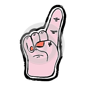 Hand drawn of young person raising and lifting index finger up. One, spirit, passion, vigor hands gesture sketch concept logo