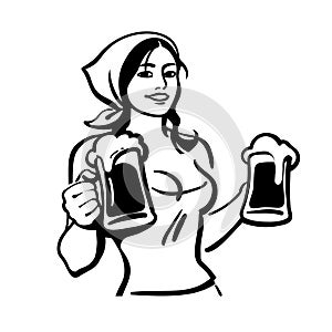 Hand drawn young sexy waitress, serving big beer mugs. Sketch of beautiful country girl holding cups full of beer. Vector