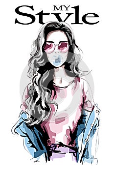 Hand drawn young woman with chewing gum. Beautiful woman portrait. Cute girl with long hair. Fashion woman in casual clothing.