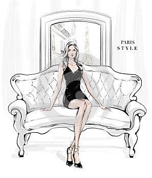 Hand drawn young woman sitting on sofa near window. Fashion blonde hair girl in black dress. Stylish woman. Sketch.