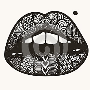 Hand drawn Zen art of lips for tattoo,t shirt desigan and other design elements.Vector illustration