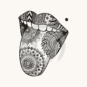 Hand drawn zendoodle woman tongue out for tattoo,T-Shirt design photo
