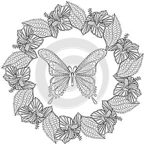 Hand drawn zentangle Butterfly in wreath of Hibiskus flower for