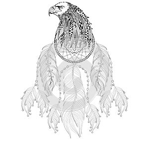 Hand drawn zentangle Dreamcatcher with Eagle head for adult colo