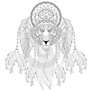 Hand drawn zentangle Dreamcatcher with tribal Tiger face for adult coloring pages, post card, t-shirt print, Boho style. Isolated