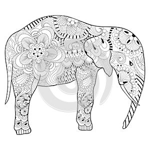 Hand drawn zentangle Elephant with mandala for adult antistress