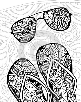 Hand drawn zentangle of flip flops for coloring book