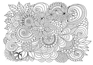 Hand drawn zentangle floral background for coloring page