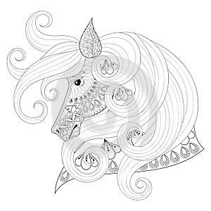 Hand drawn zentangle Ornamental Horse for adult coloring pages,