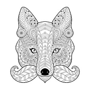 Hand drawn zentangle tribal Fox face for adult anti stress color