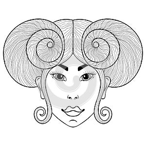 Hand drawn zentangle Zodiac sign Aries with girl face for adult