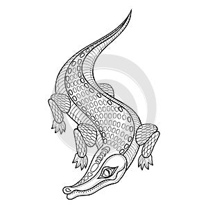 Hand drawn zentangled Crocodile for adult coloring pages